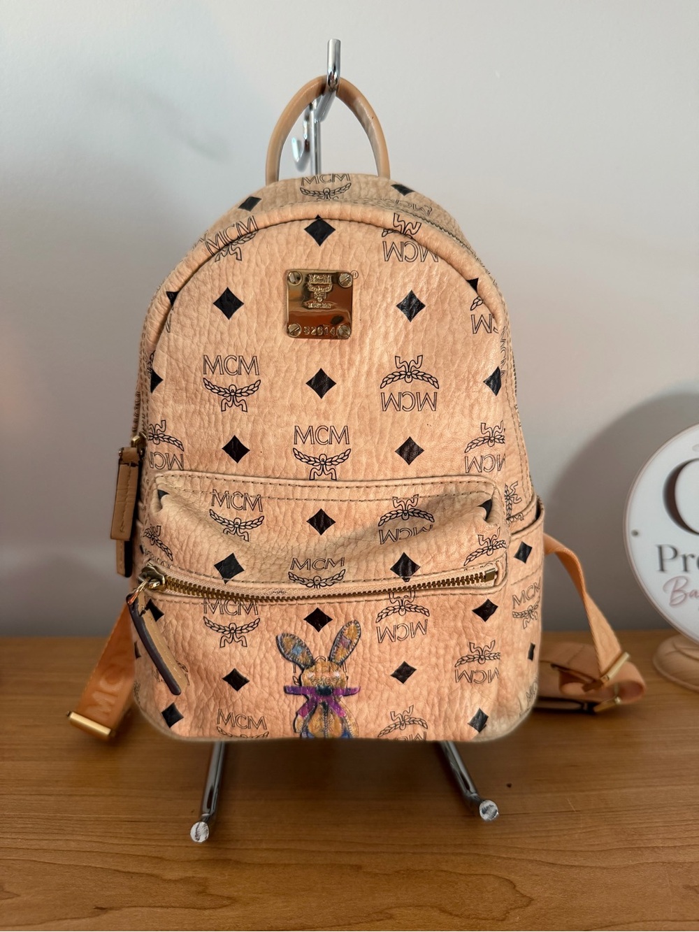 MCM Beige Visetos Logo small Backpack with Gold Plaque